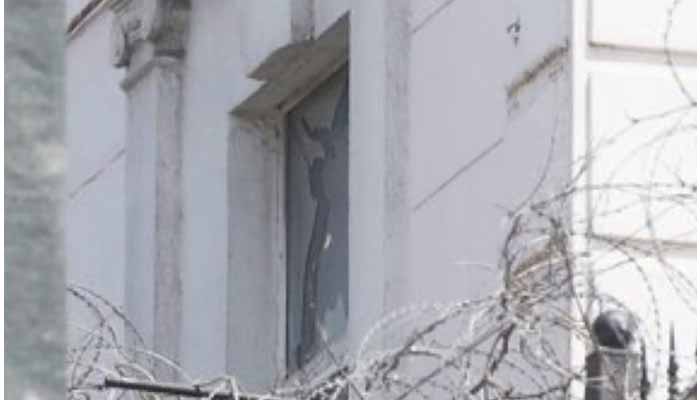 Chinese consulate building damaged in Russian airstrikes The glass of the Chinese consulate building is seen to be broken.