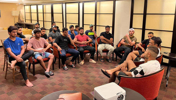 Babar Azam meeting the players before the Emerging Asia Cup final