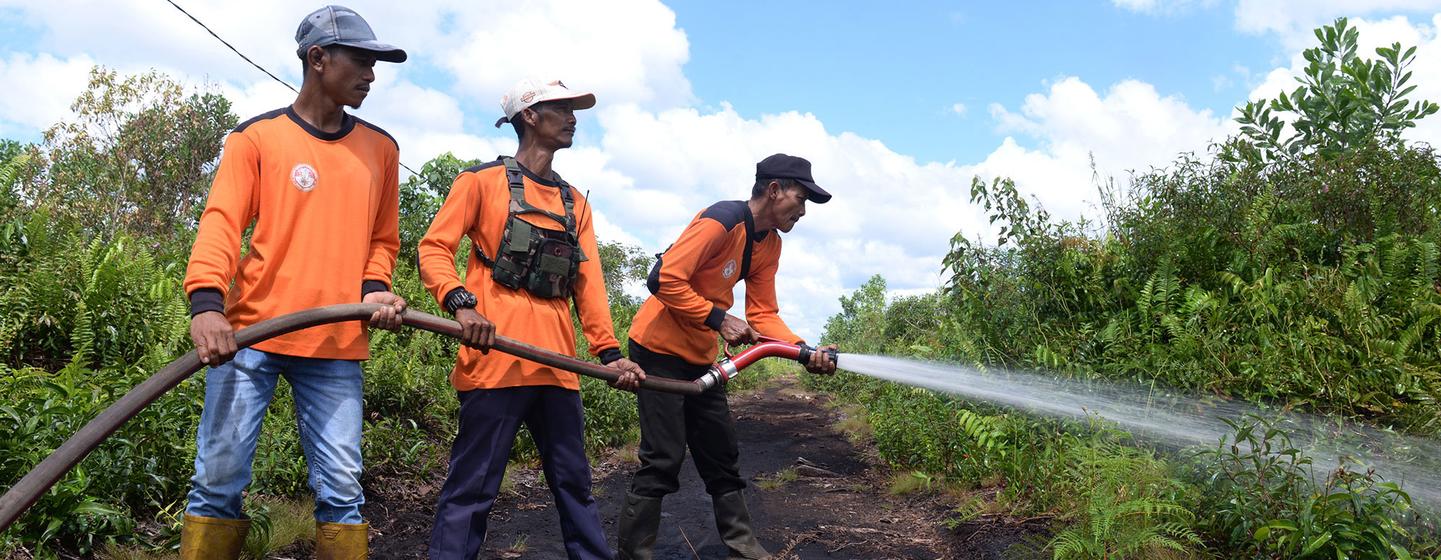 Volunteer firefighters keep the peatland moist to limit damage if a fire were to break out.