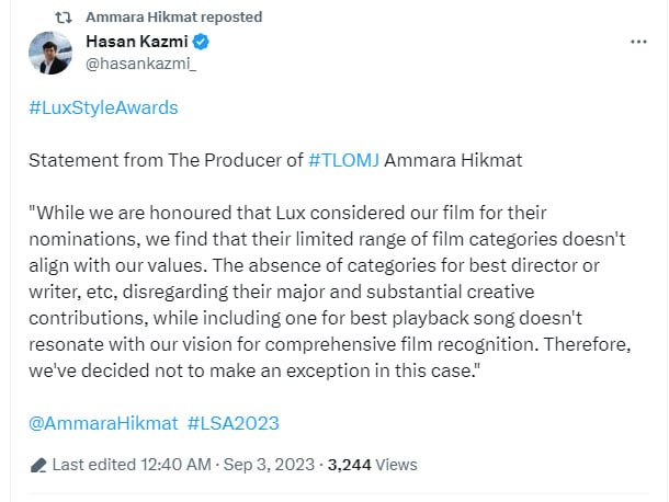 Amara Hekmat reposted her statement