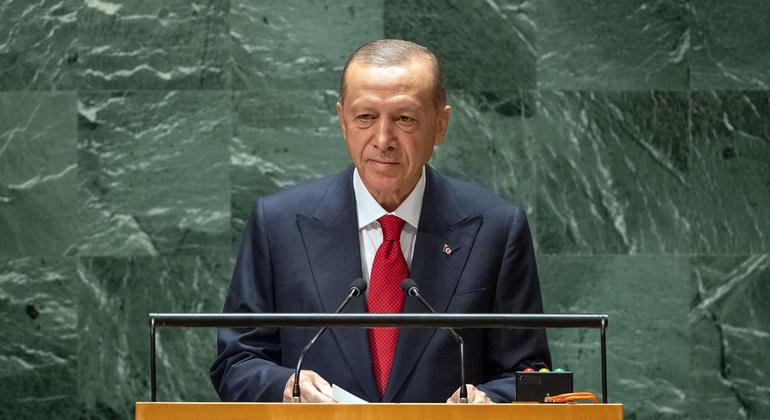 President Recep Tayyip Erdoğan of Türkiye addresses the general debate of the General Assembly’s 78th session. President Recep Tayyip Erdoğan of Türkiye addresses the general debate of the General Assembly’s 78th session.