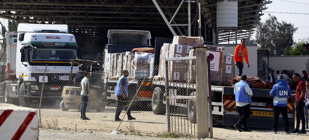 Aid convoys enter the Gaza Strip through the Rafah crossing border.