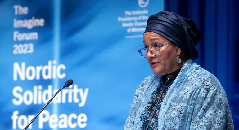 Deputy Secretary-General Amina Mohammed delivers her address to opening session of the Imagine Forum: Nordic Solidarity for Peace conference, in Reykjavík, Iceland. Deputy Secretary-General Amina Mohammed delivers her address to opening session of the Imagine Forum: Nordic Solidarity for Peace conference, in Reykjavík, Iceland.