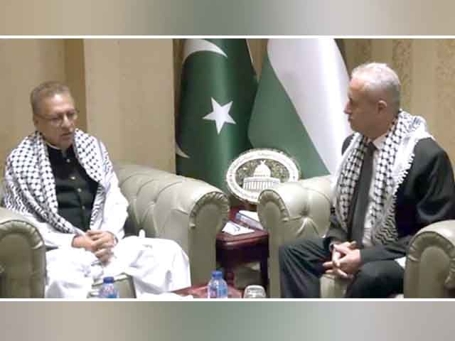 President Arif Alvi arrives at the Palestinian embassy, ​​condemning the Israeli aggression on Gaza