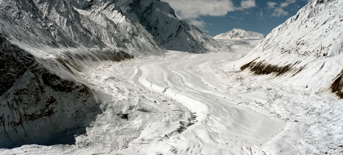 A mountain glacier that is shrinking due to rising temperatures and less snowfall at the Kargil District, India.