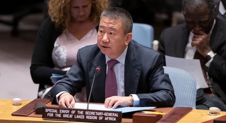 UN Special Envoy Huang Xia briefs the Security Council on the implementation of the Peace, Security and Cooperation Framework for the Democratic Republic of the Congo and the Region during a meeting on the situation in the Great Lakes region. UN Special Envoy Huang Xia briefs the Security Council on the implementation of the Peace, Security and Cooperation Framework for the Democratic Republic of the Congo and the Region during a meeting on the situation in the Great Lakes region.