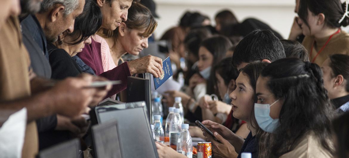 Refugees at a registration centre in Goris, Armenia, on 29 September. Refugees at a registration centre in Goris, Armenia, on 29 September.