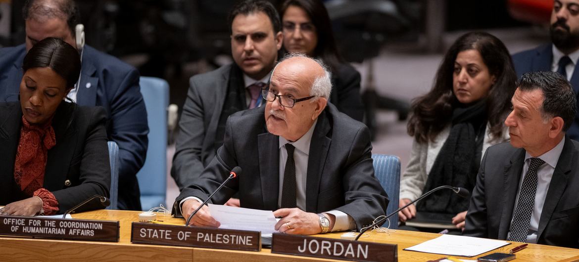 Riyad Mansour, Permanent Observer of the State of Palestine to the United Nations, addresses the Security Council meeting on the situation in the Middle East, including the Palestinian question.