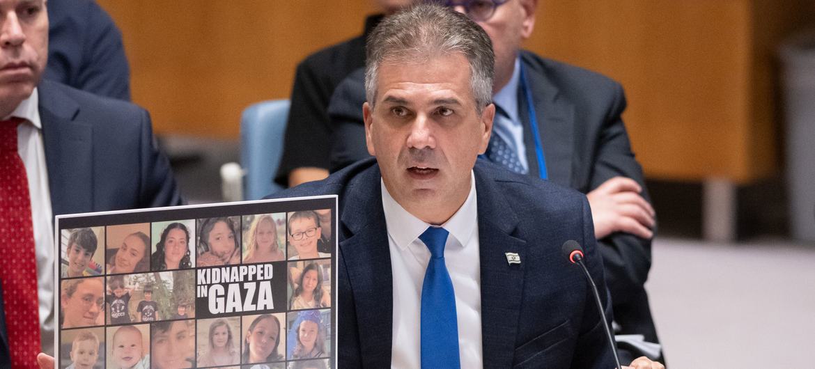 Foreign Minister Eli Cohen of Israel addresses the UN Security Council meeting on the situation in the Middle East, including the Palestinian question.