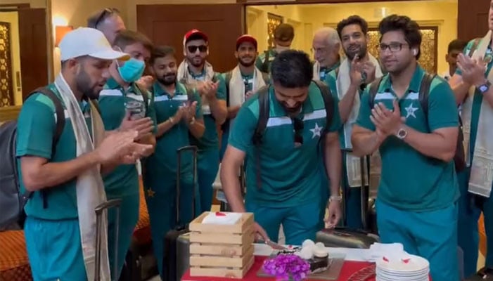 Babar Azam cuts his 29th birthday cake with the team