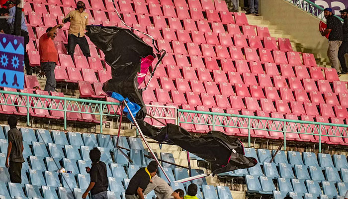 Hoardings went up in the enclosures during the World Cup match