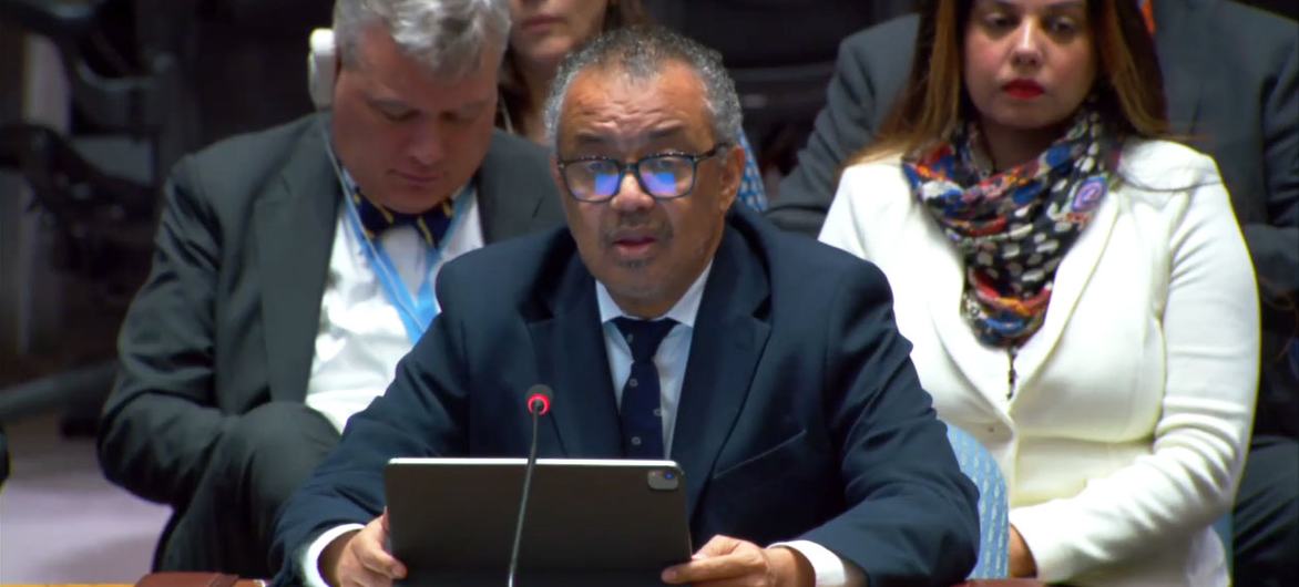 WHO Director-General Tedros Adhanom Ghebreyesus briefs the UN Security Council meeting on the situation in the Middle East. WHO Director-General Tedros Adhanom Ghebreyesus briefs the UN Security Council meeting on the situation in the Middle East.