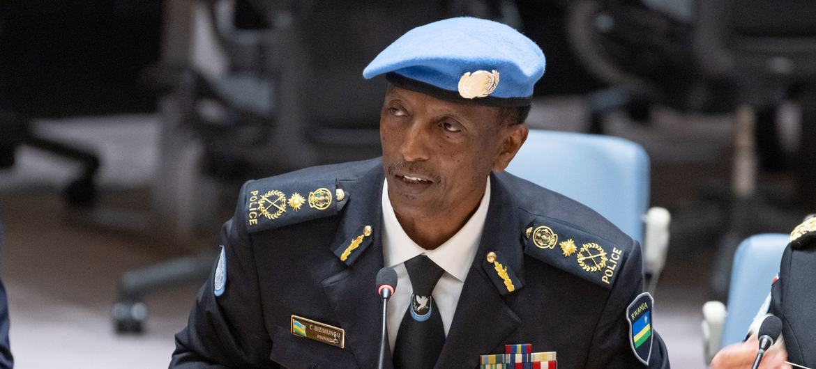 Christophe Bizimungu, Police Commissioner at UN Multidimensional Stabilization Mission in the Central African Republic (MINUSCA), briefs the Security Council meeting on United Nations peacekeeping operations and Police Commissioners. Christophe Bizimungu, Police Commissioner at UN Multidimensional Stabilization Mission in the Central African Republic (MINUSCA), briefs the Security Council meeting on United Nations peacekeeping operations and Police Commissioners.