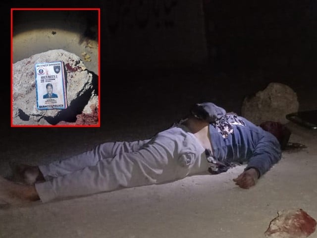 The mutilated body of a disabled police officer was found in Karachi The dead body of the policeman is lying at the crime scene while the recovered service card is also there (Photo Express).