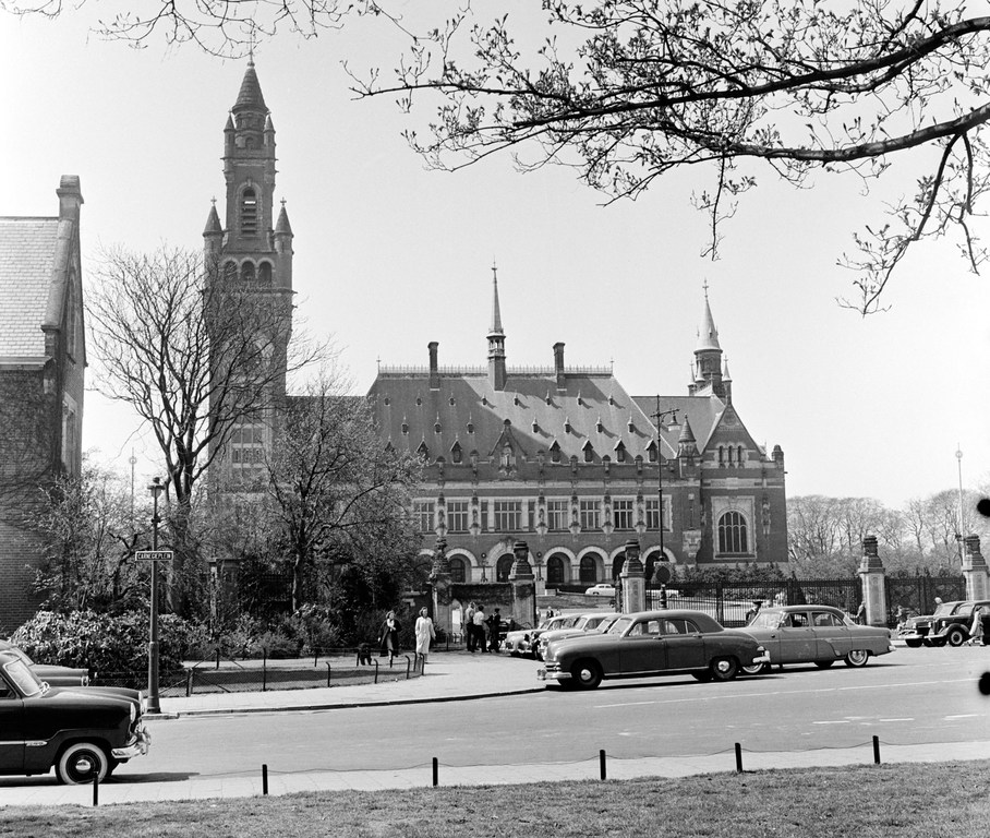 The Peace Palace in The Hague, the headquarters of the International Court of Justice as pictured in 1955. The Peace Palace in The Hague, the headquarters of the International Court of Justice as pictured in 1955.