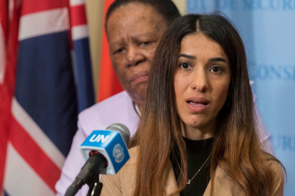 File photo from 2019 of Nadia Murad, Nobel Laureate and Goodwill Ambassador for the Dignity of Survivors of Human Trafficking of the United Nations Office on Drugs and Crime (UNODC). File photo from 2019 of Nadia Murad, Nobel Laureate and Goodwill Ambassador for the Dignity of Survivors of Human Trafficking of the United Nations Office on Drugs and Crime (UNODC).