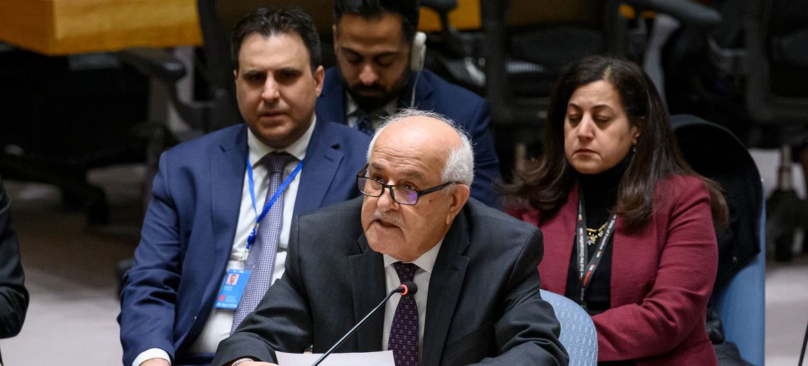 Riyad Mansour, Permanent Observer of the State of Palestine to the United Nations, addresses the Security Council meeting on the situation in the Middle East, including the Palestinian question. Riyad Mansour, Permanent Observer of the State of Palestine to the United Nations, addresses the Security Council meeting on the situation in the Middle East, including the Palestinian question.