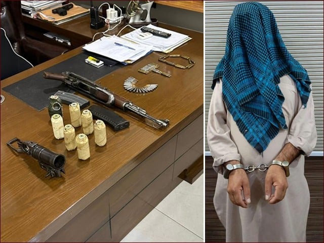 Photograph of the arrested suspect and recovered weapons (Photo: CTD)