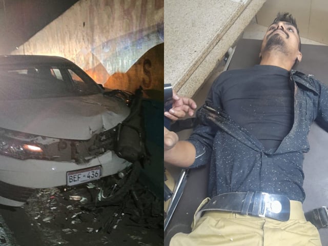 Karachi, a car rider hit a policeman while stopping for checking