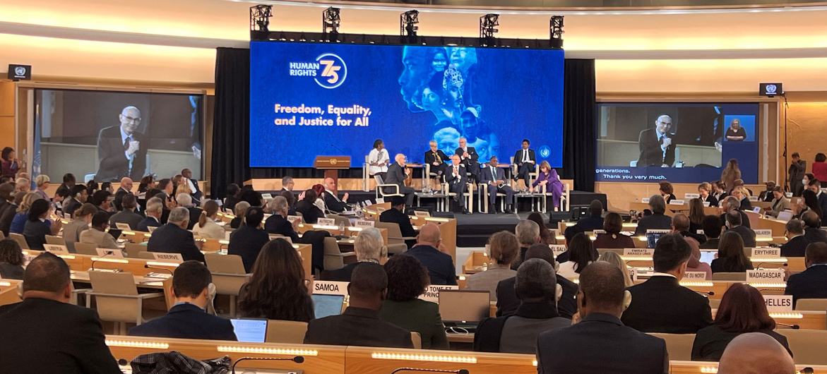 UN High Commissioner for Human Rights Volker Türk addresses an event marking the 75th anniversary of the Universal Declaration of Human Rights.