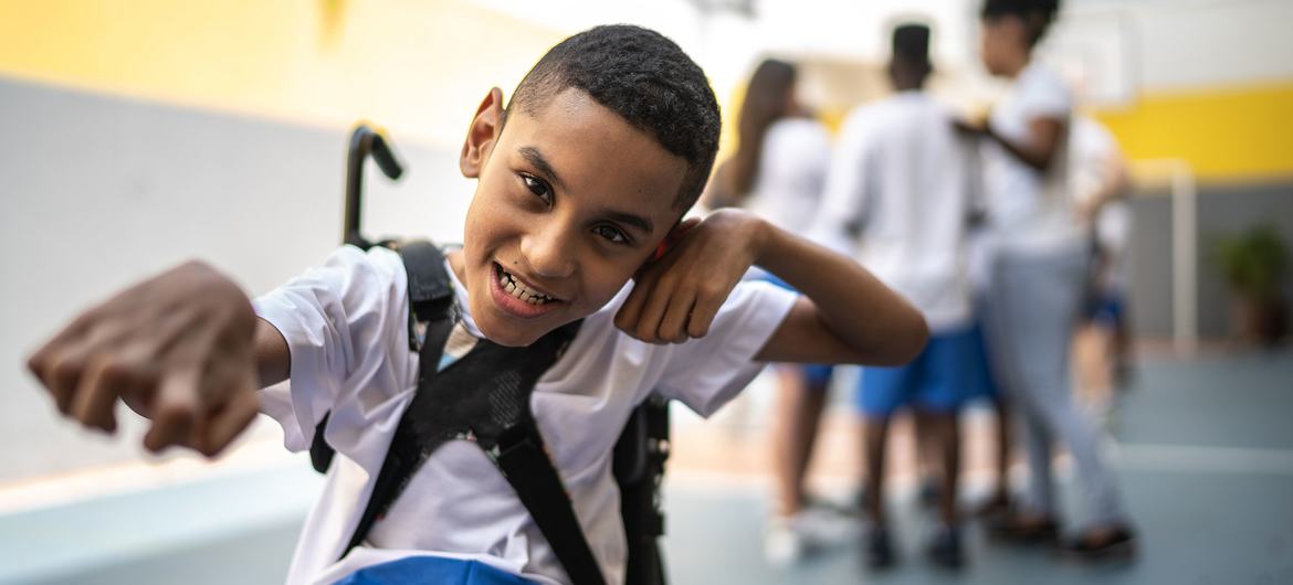A disabled student on a sports court in Brazil. A disabled student on a sports court in Brazil.