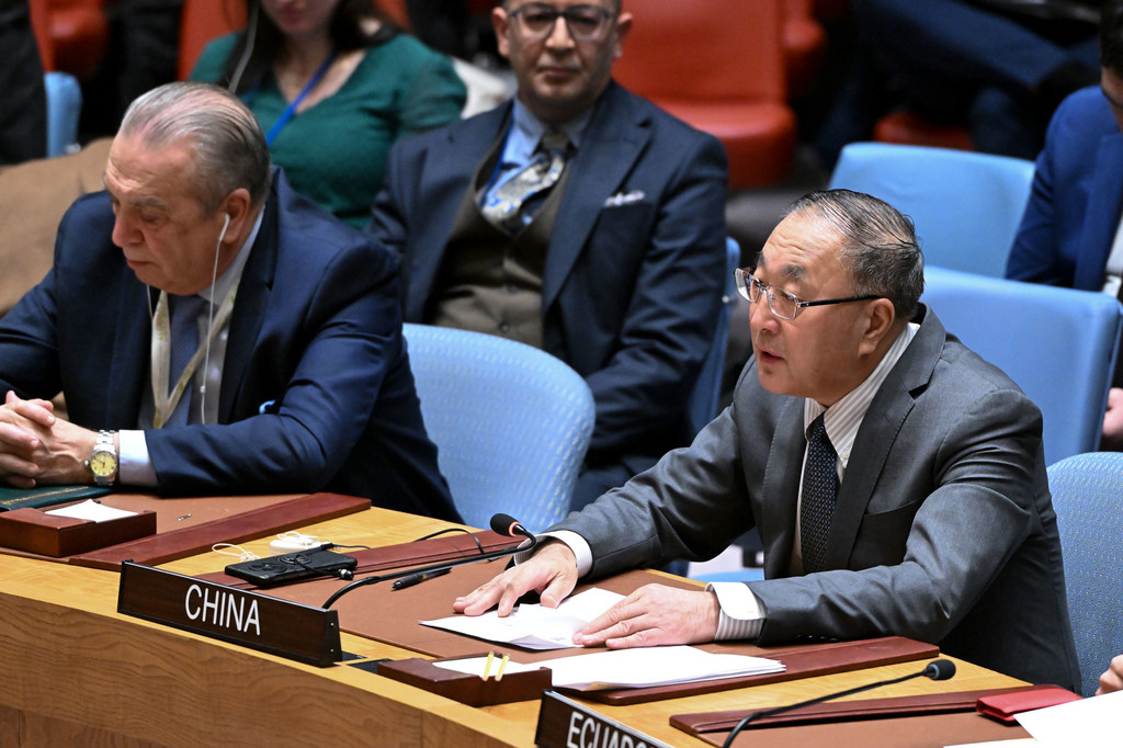 Ambassador Zhang Jun of China addresses the Security Council meeting on the situation in the Middle East, including the Palestinian question.