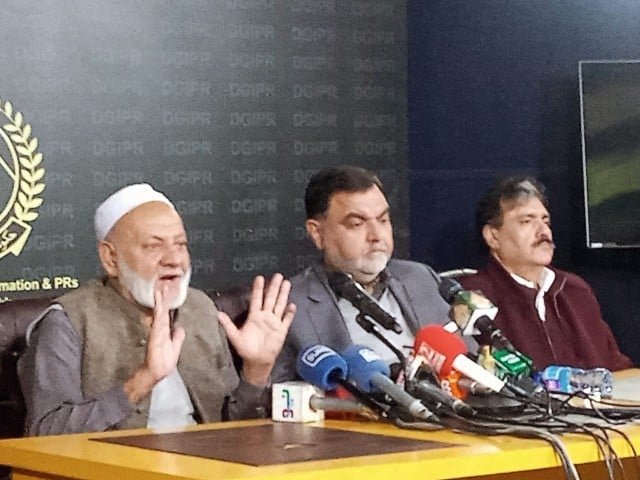 The government's demand for the establishment of special courts for the immediate trial of the May 9 accused Khyber Pakhtunkhwa caretaker information minister at a press conference. Photo: Express News