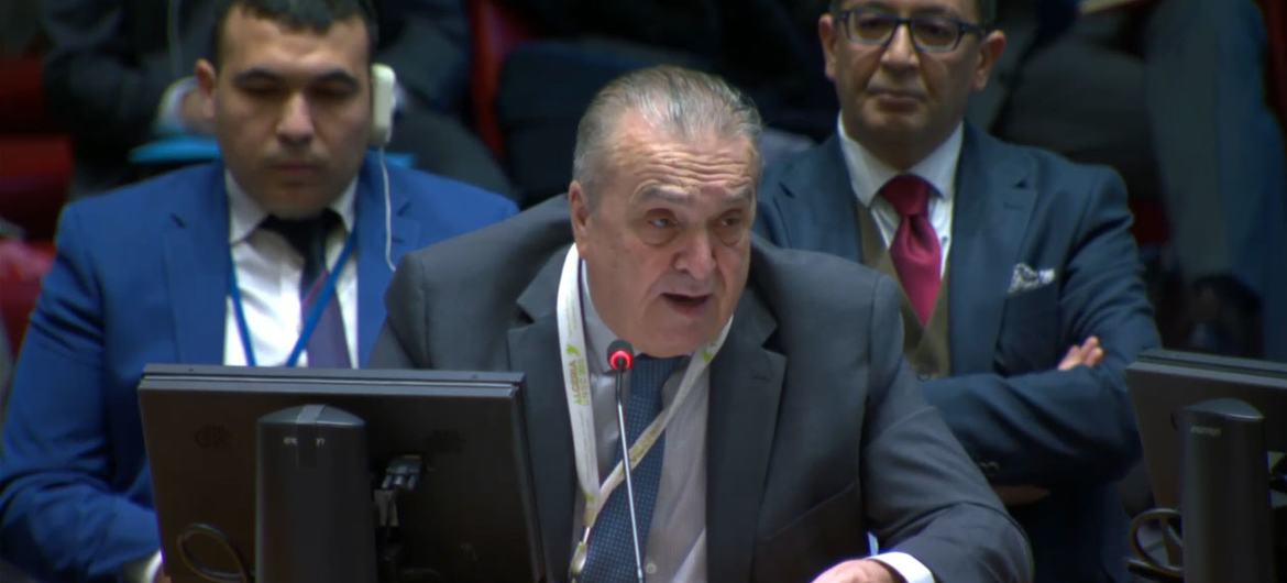 Ambassador Amar Bendjama of Algeria addresses the Security Council  meeting on the situation in the Middle East, including the Palestinian question.