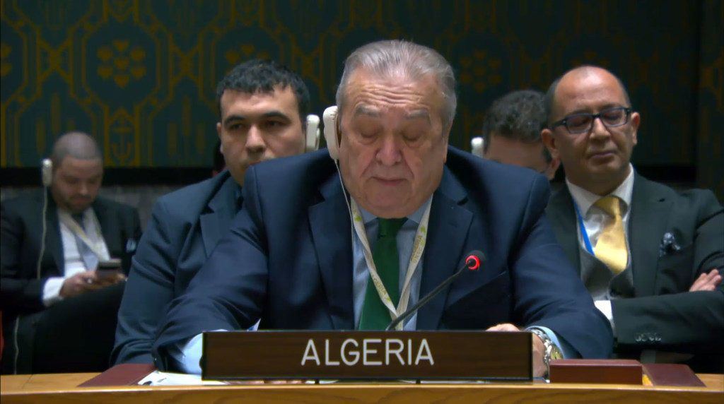 Ambassador Amar Bendjama of Algeria addresses the Security Council meeting on the situation in the Middle East, including the Palestinian question.