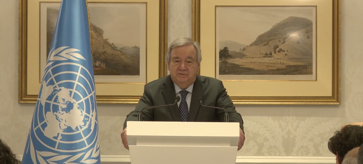 UN Secretary-General António Guterres speaking to the press in Doha.