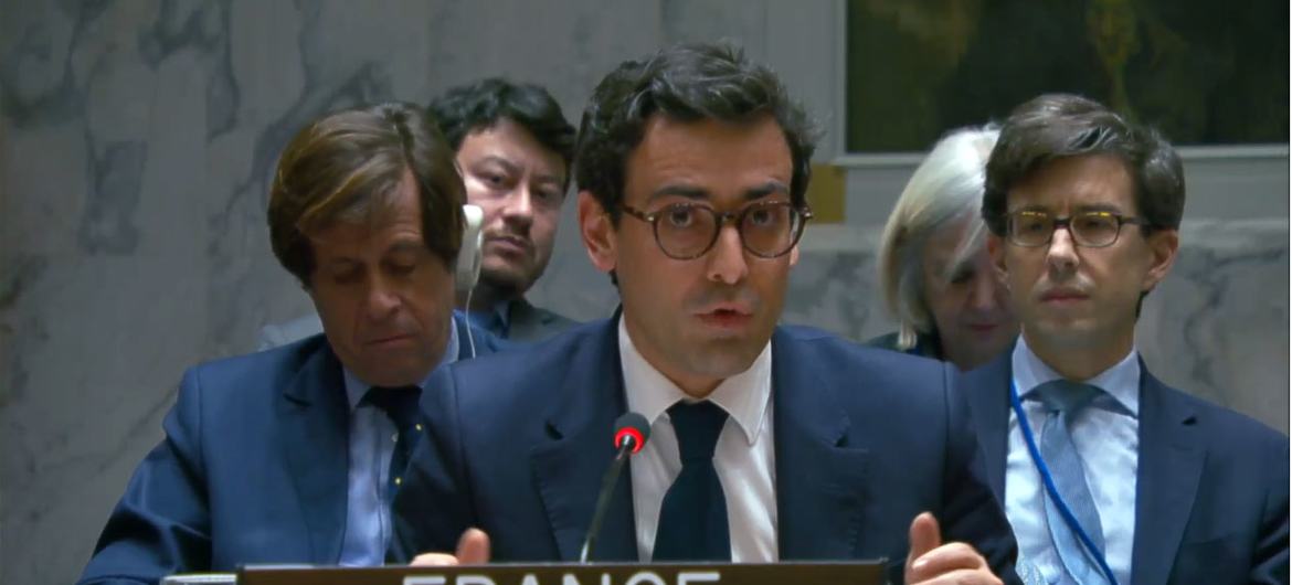 Foreign Minister Stéphane Séjourné of France addresses the Security Council meeting on the maintenance of peace and security in Ukraine.