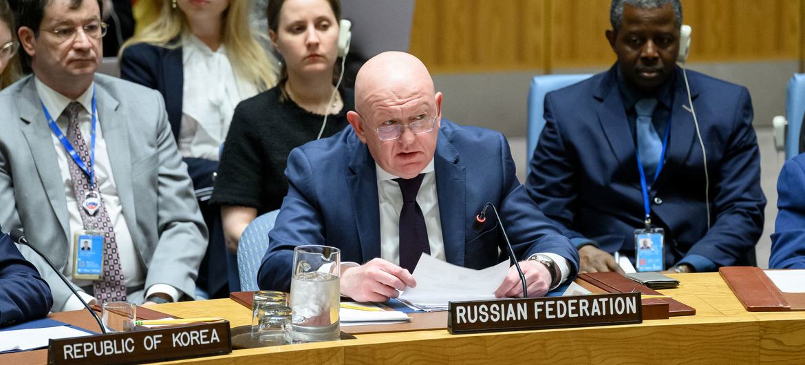 Ambassador Vassily Nebenzia of the Russian Federation addresses addresses the Security Council meeting on the maintenance of peace and security in Ukraine.