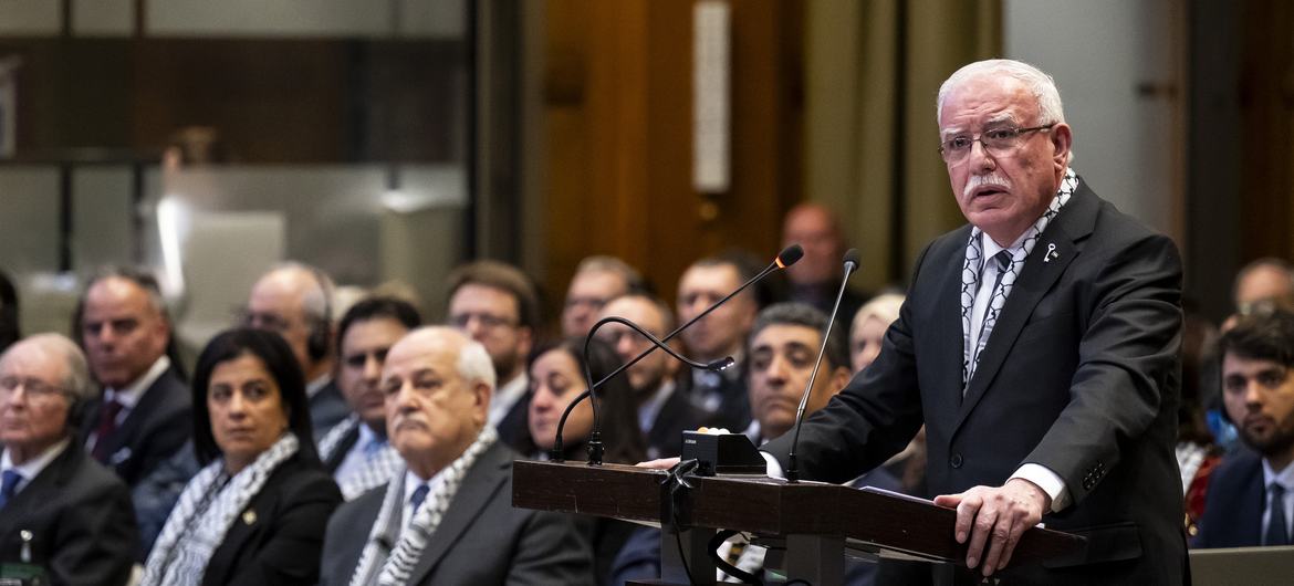 Foreign Minister Riyad al-Maliki of the Palestinian Authority delivers a presentation at the ICJ on 19 February 2024.