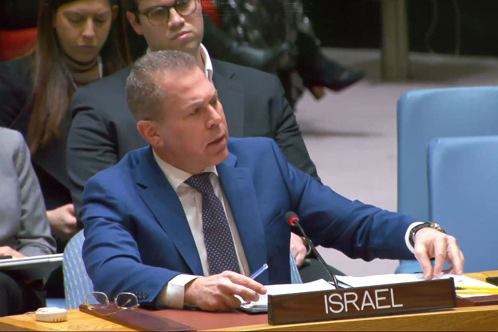 Ambassador Gilad Erdan, Permanent Representative of Israel to the UN, addresses the Security Council meeting on the situation in the Middle East, including the Palestinian question. Ambassador Gilad Erdan, Permanent Representative of Israel to the UN, addresses the Security Council meeting on the situation in the Middle East, including the Palestinian question.