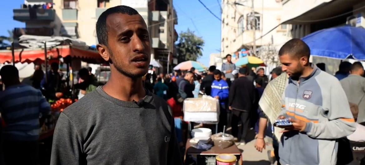 Ahmed Musleh, who was displaced from Beit Hanoun in northern Gaza to Deir Al-Balah.