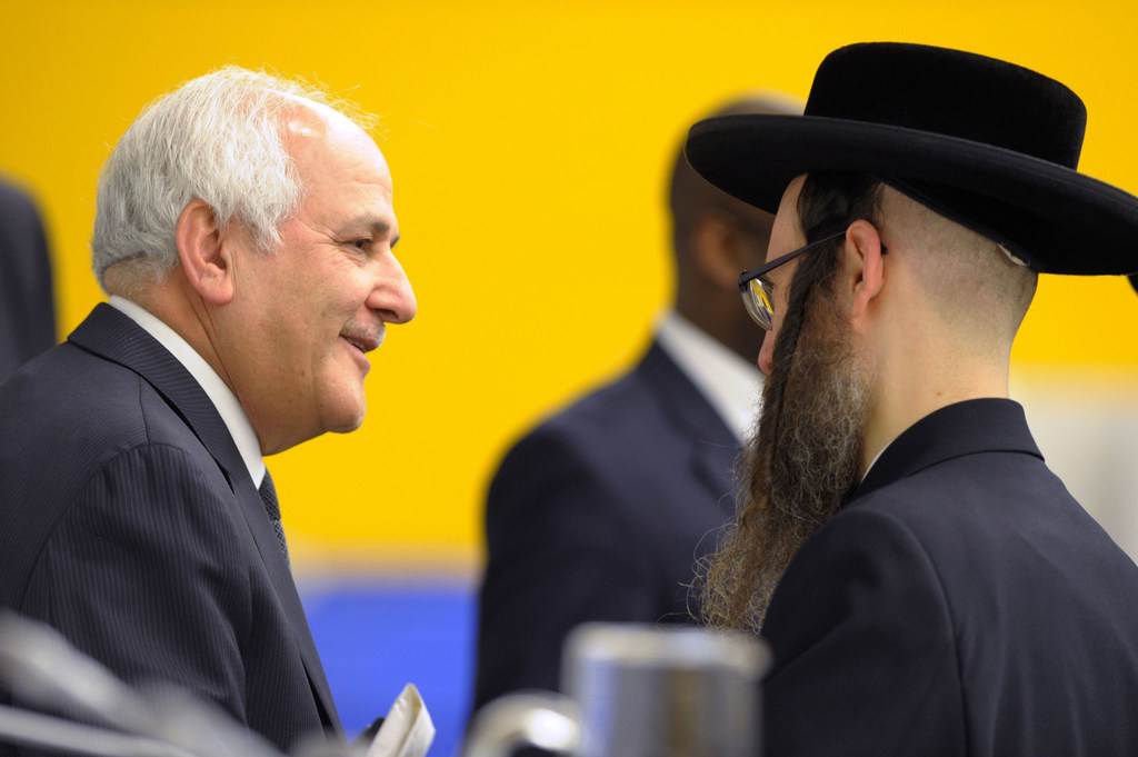 Riyad Mansour, Permanent Observer of Palestine to the UN, (left) talks with a participant at a special meeting held in observance of the International Day of Solidarity with the Palestinian People. (file)