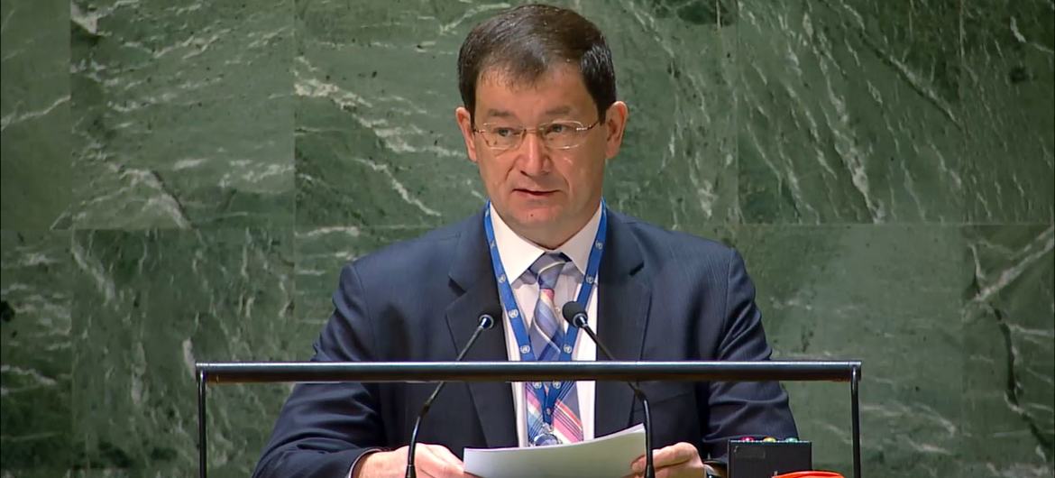 Dmitry A. Polyanskiy, First Deputy Permanent Representative of the Russian Federation, addresses the UN General Assembly plenary meeting on the use of the veto on the situation in the Middle East, including the Palestinian question. Dmitry A. Polyanskiy, First Deputy Permanent Representative of the Russian Federation, addresses the UN General Assembly plenary meeting on the use of the veto on the situation in the Middle East, including the Palestinian question.