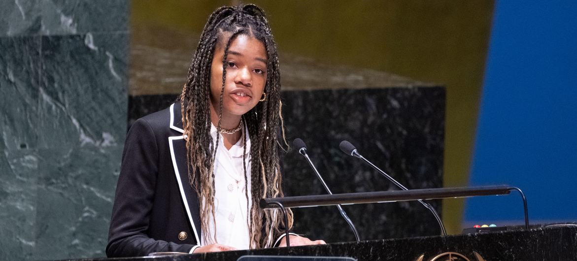 Yolanda Renee King, youth activist and granddaughter of Dr. Martin Luther King, Jr. and Coretta Scott King, addresses the General Assembly. Yolanda Renee King, youth activist and granddaughter of Dr. Martin Luther King, Jr. and Coretta Scott King, addresses the General Assembly.
