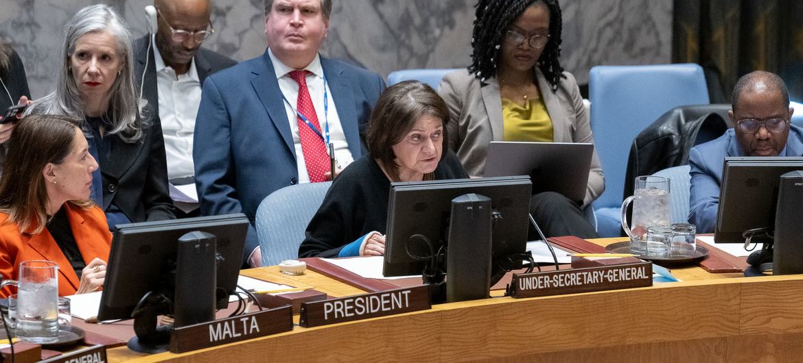 Rosemary DiCarlo (centre), Under-Secretary-General for Political and Peacebuilding Affairs, briefs the Security Council meeting on the situation in the Sudan and South Sudan. Rosemary DiCarlo (centre), Under-Secretary-General for Political and Peacebuilding Affairs, briefs the Security Council meeting on the situation in the Sudan and South Sudan.