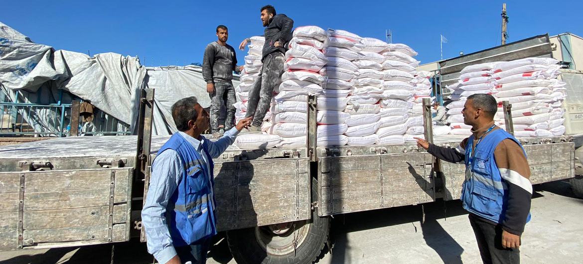 Flour is distributed in Rafah, Gaza. Flour is distributed in Rafah, Gaza.