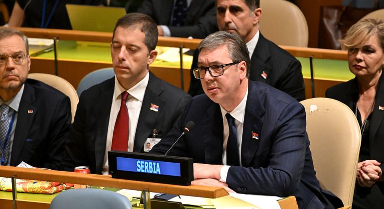 President Aleksandar Vučić of Serbia addressing the General Assembly on the draft resolution.