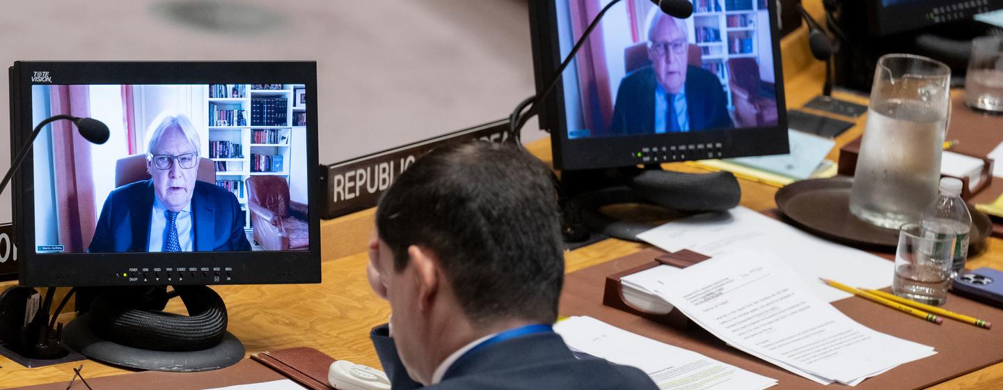 Under-Secretary-General for Humanitarian Affairs, Martin Griffiths (on screen), briefs the Security Council on the situation in Yemen. Under-Secretary-General for Humanitarian Affairs, Martin Griffiths (on screen), briefs the Security Council on the situation in Yemen.