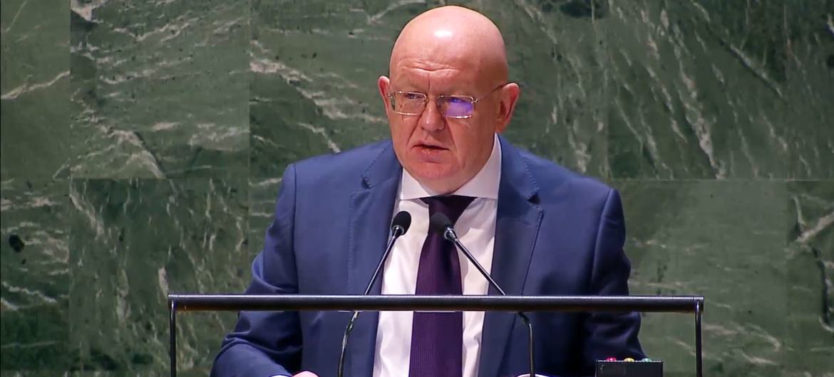 Ambassador Vassily Nebenzia of the Russian Federation addresses the UN General Assembly plenary meeting on the use of its veto to quash a draft resolution aimed at keeping weapons out of outer space. Ambassador Vassily Nebenzia of the Russian Federation addresses the UN General Assembly plenary meeting on the use of its veto to quash a draft resolution aimed at keeping weapons out of outer space.
