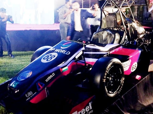 Launch of Pakistan's first Hybrid Bird Formula Car developed by NUST students The car was designed by NUST students in 2012—Photo: Express News