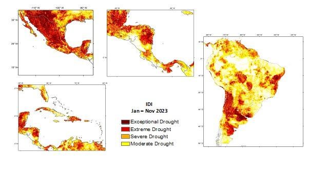 Droughts in Latin America and the Caribbean region between January and November 2023. Droughts in Latin America and the Caribbean region between January and November 2023.