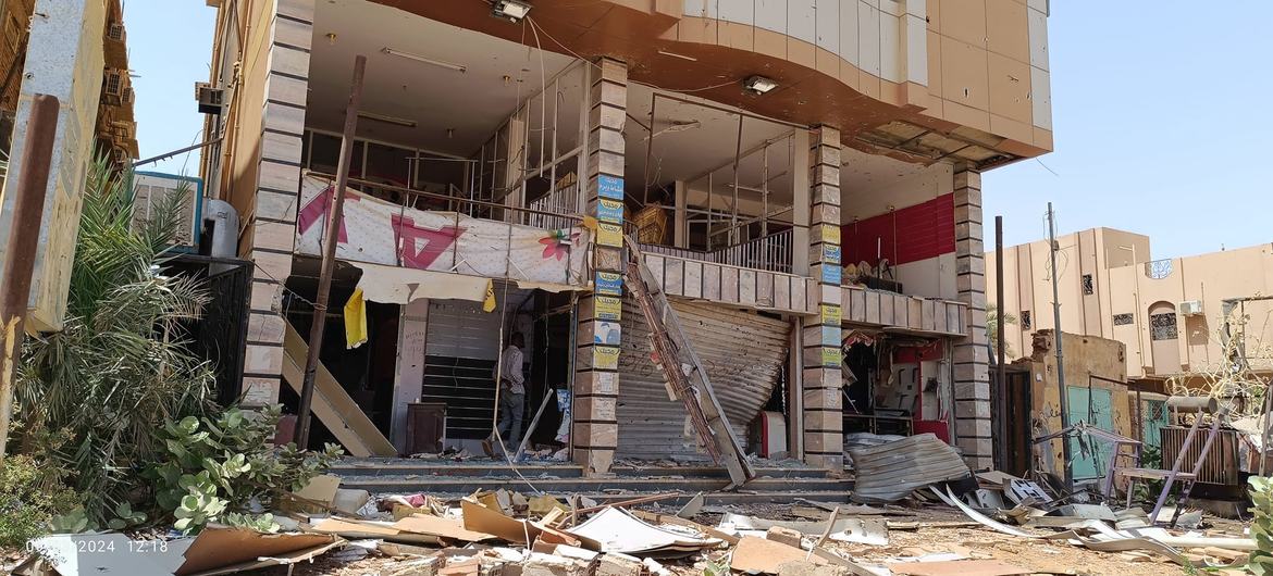A destroyed building in the Omdurman area of Sudan, where the war that has been ongoing since April 15th has caused widespread destruction to infrastructure.