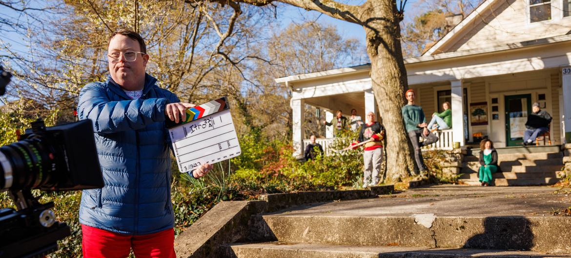 Nick Herd working as a creative consultant on the set of a short movie production for L’Arche Canada and the United States in March 2022.