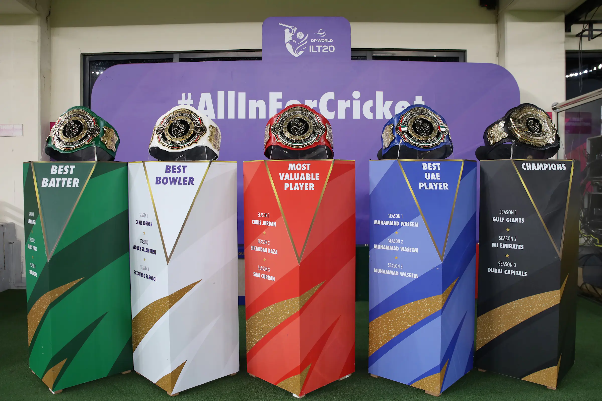 The DP World ILT20 Signature Belts on display