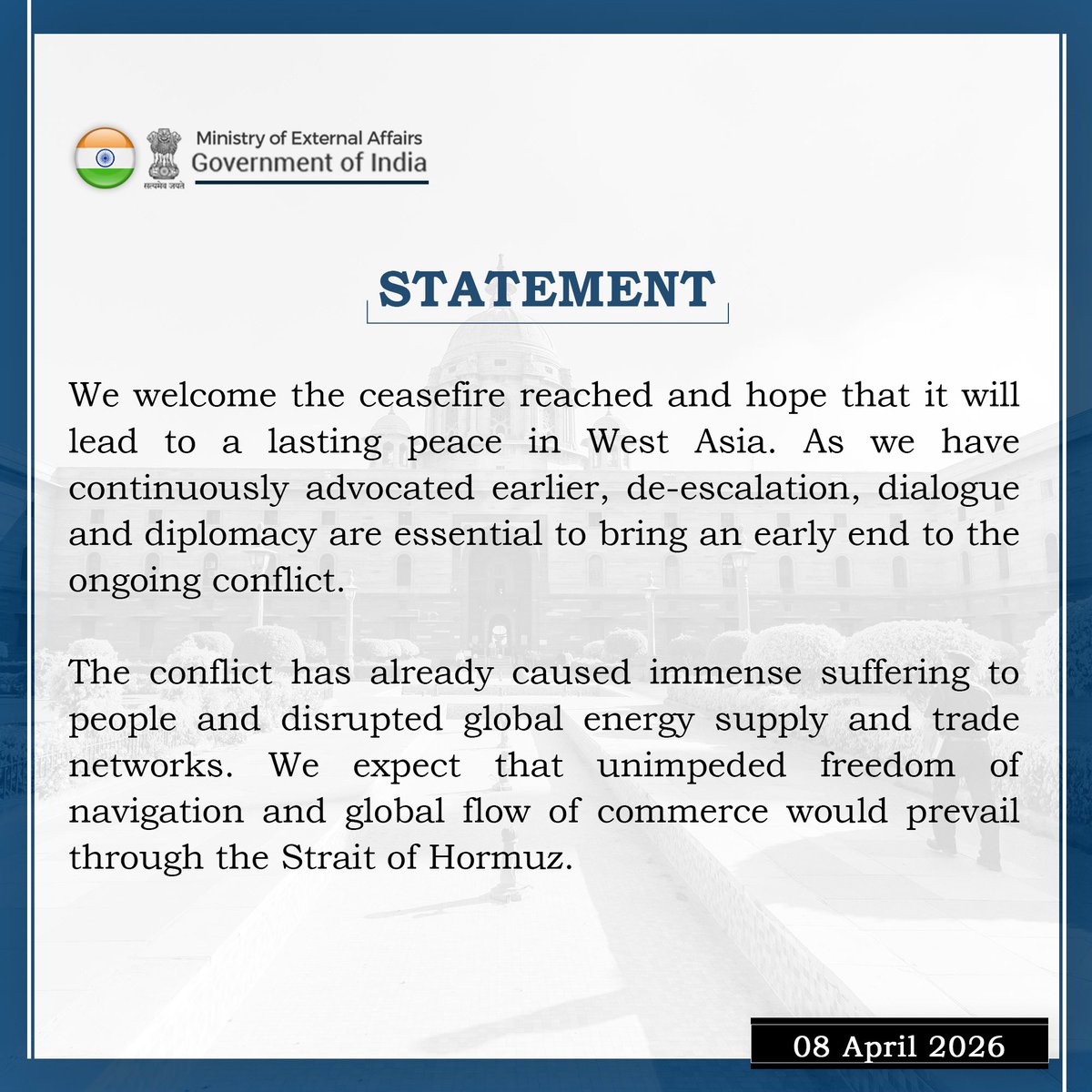 Indian Diplomatic Statement on Iran US Ceasefire